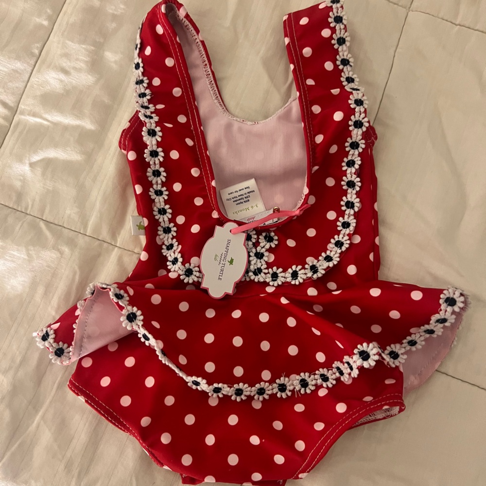Snapping Turtle 3-6 months Red One-Piece Polka Dot Swimsuit - Picture 2 of 4